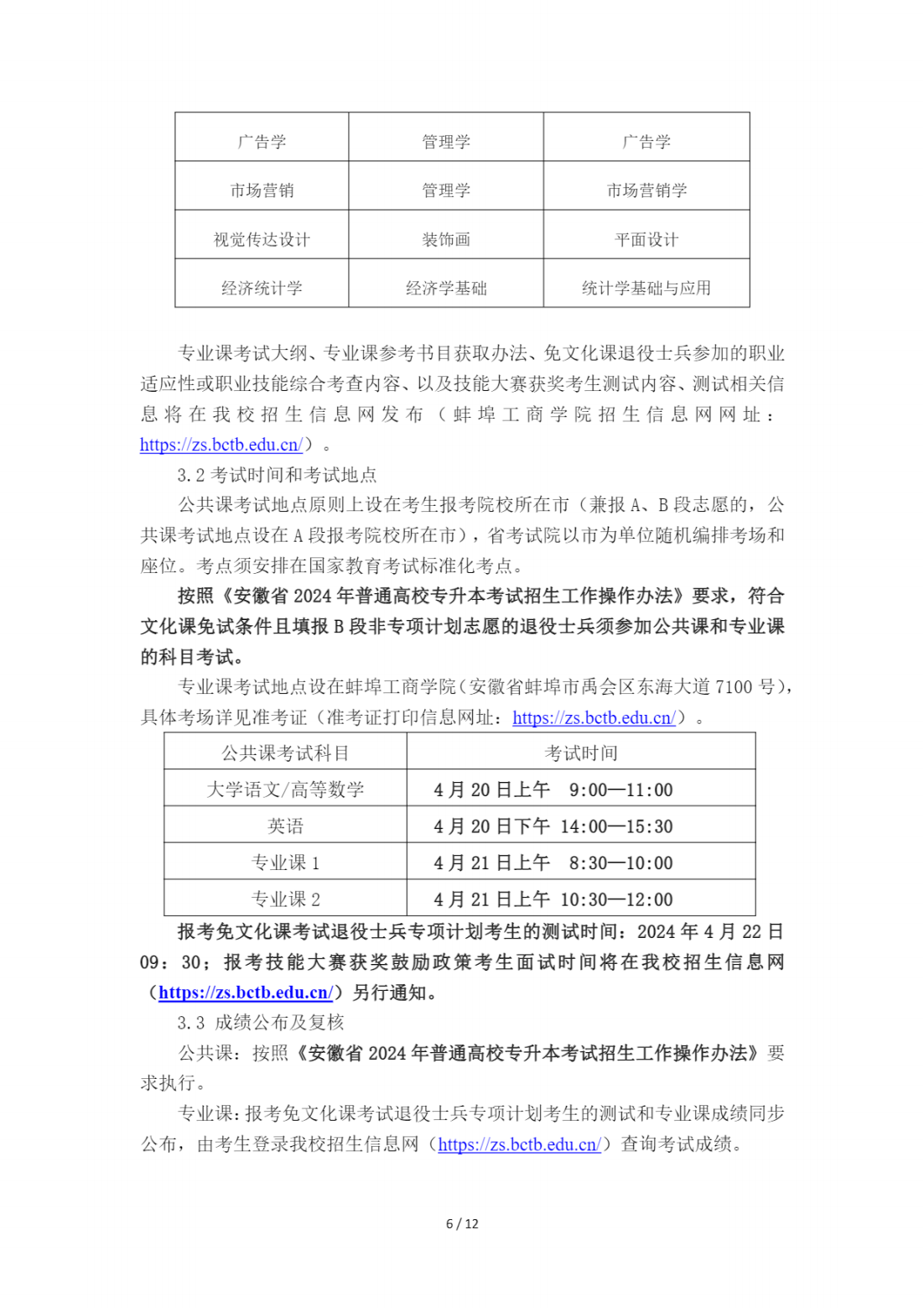 蚌埠工商学院（原安徽财经大学商学院）2024年普通高校专升本招生章程