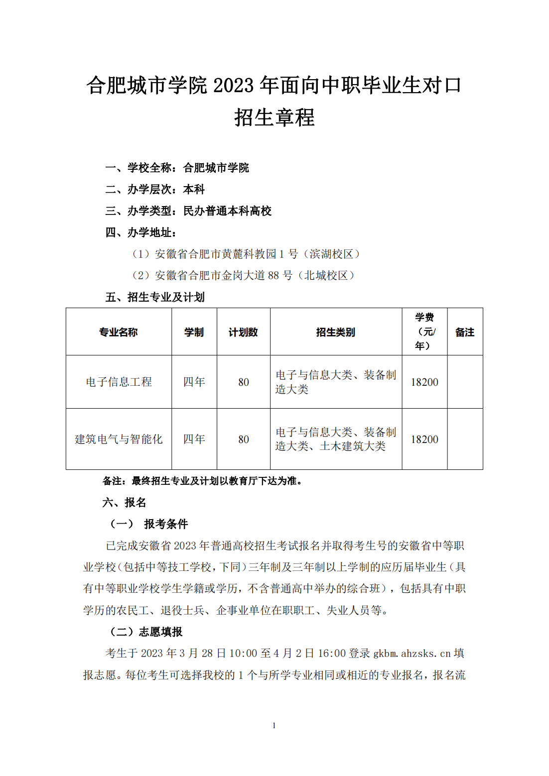 合肥城市学院2023年面向中职毕业生对口招生章程