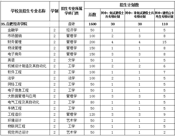 合肥经济学院2022年普通专升本分专业招生计划表