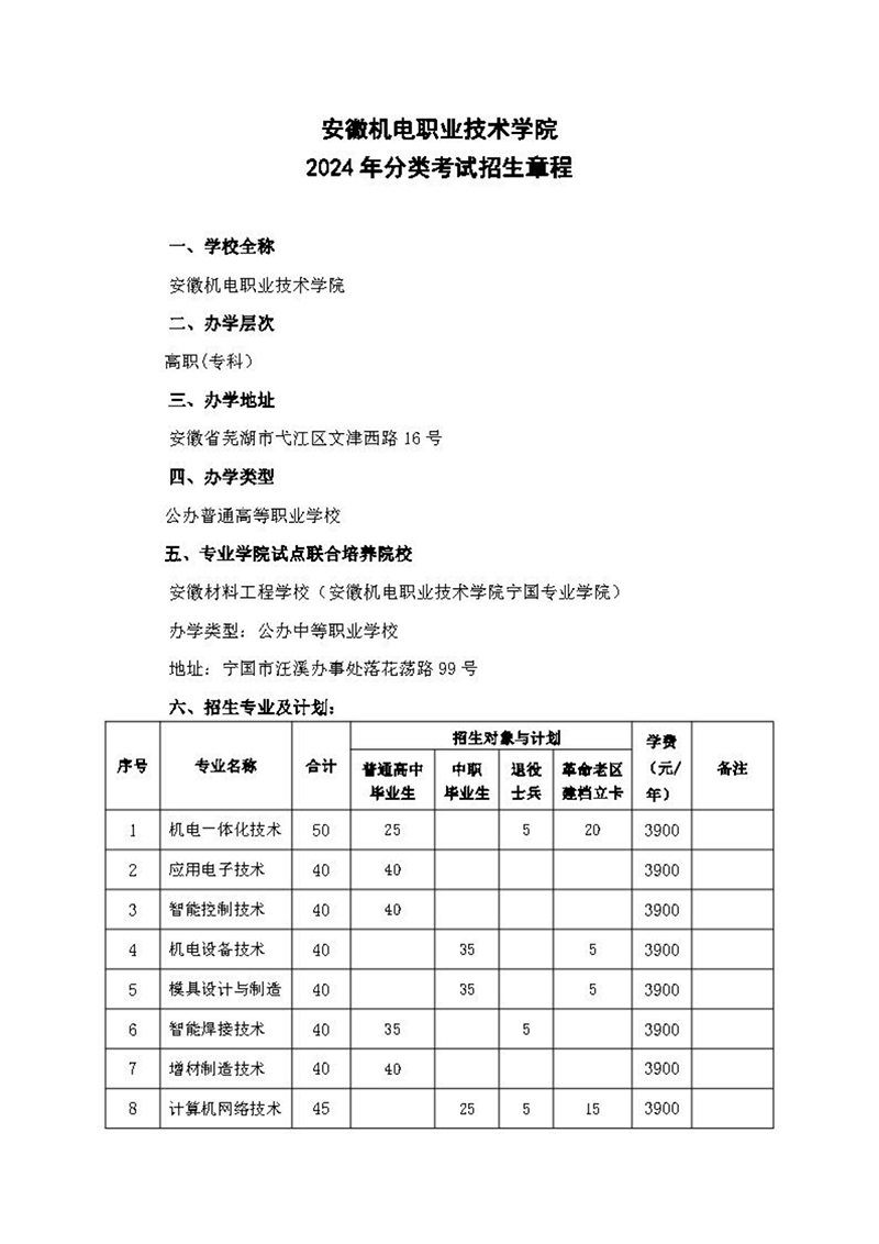 安徽机电职业技术学院2024年分类考试招生章程