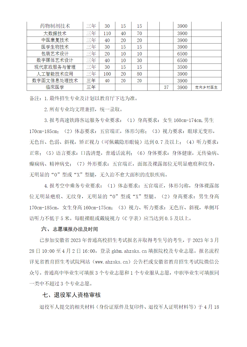 滁州城市职业学院2023年分类考试招生章程