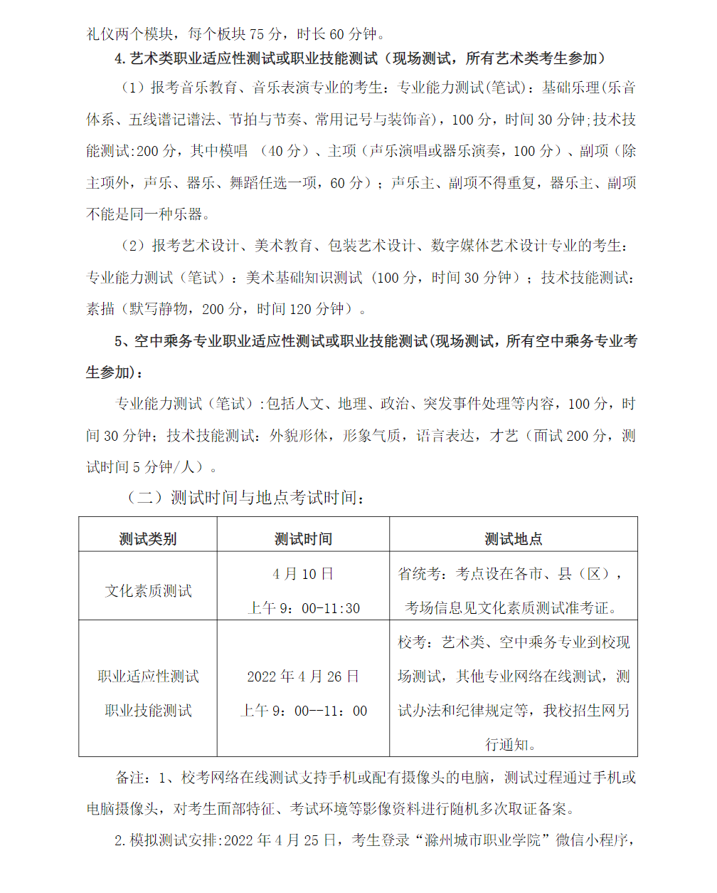 滁州城市职业学院－2022年分类考试招生章程