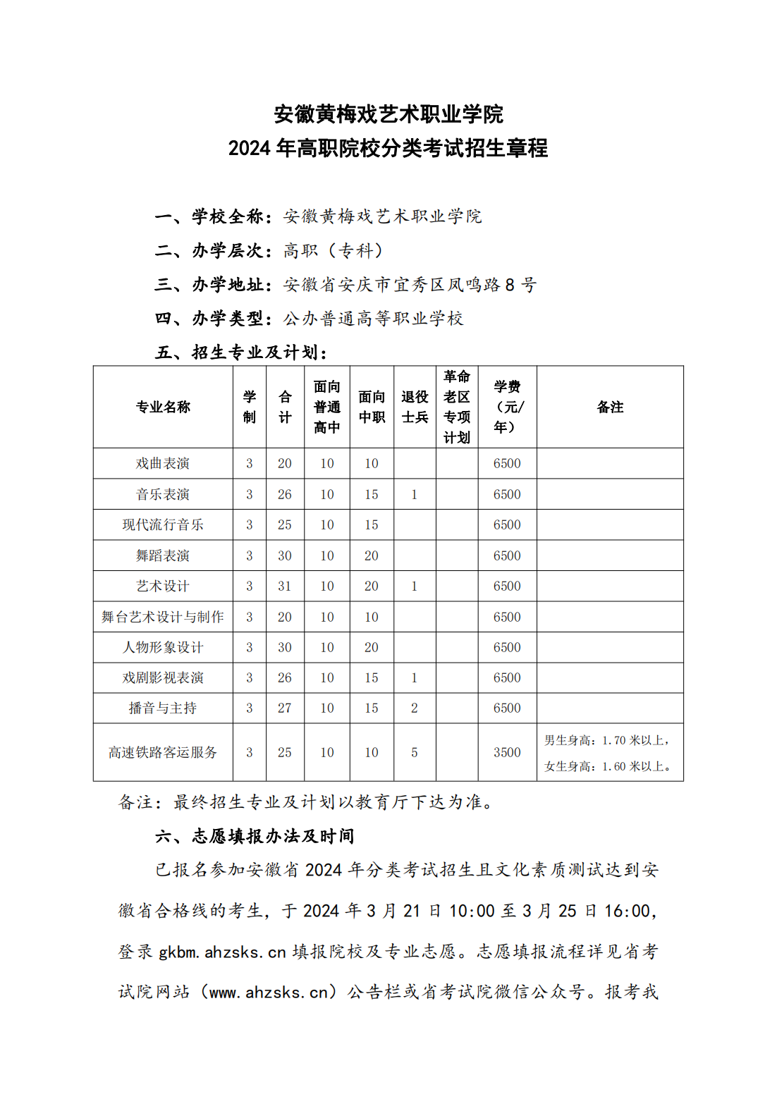 安徽黄梅戏艺术职业学院2024年分类考试招生章程