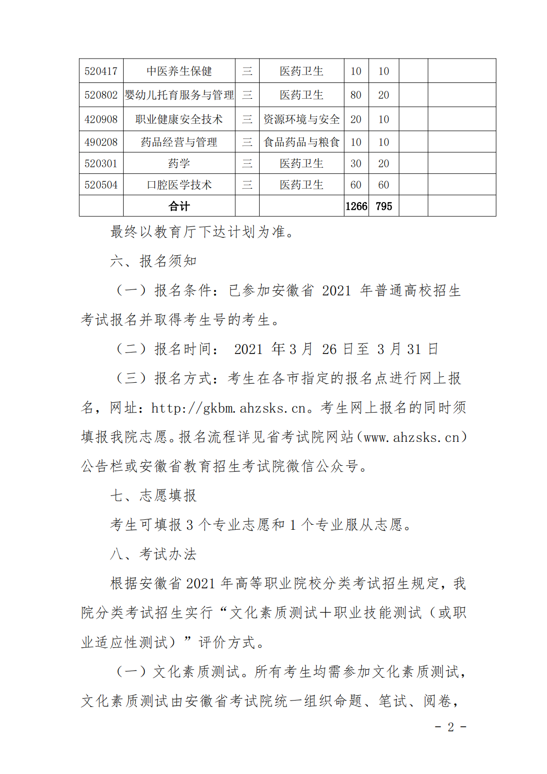 安徽卫生健康职业学院2021年分类考试招生章程