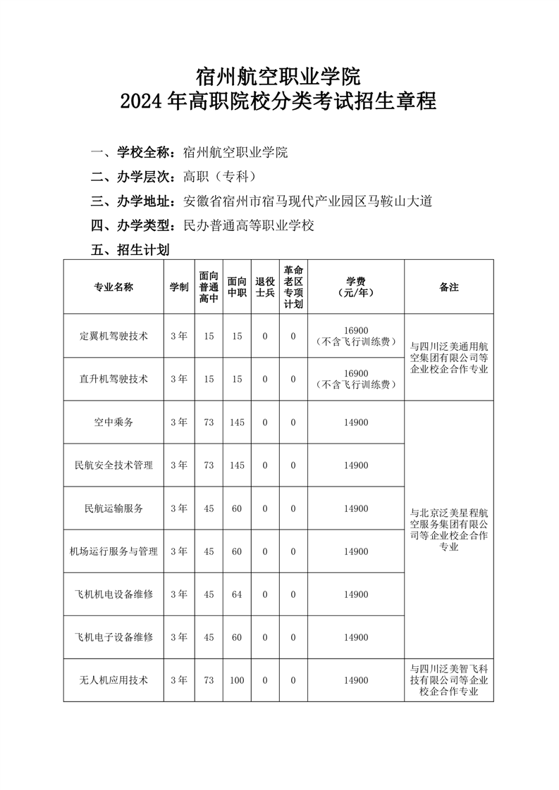 宿州航空职业学院2024年高职院校分类考试招生章程