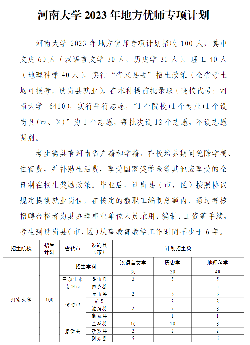 河南大学2023年地方优师专项计划