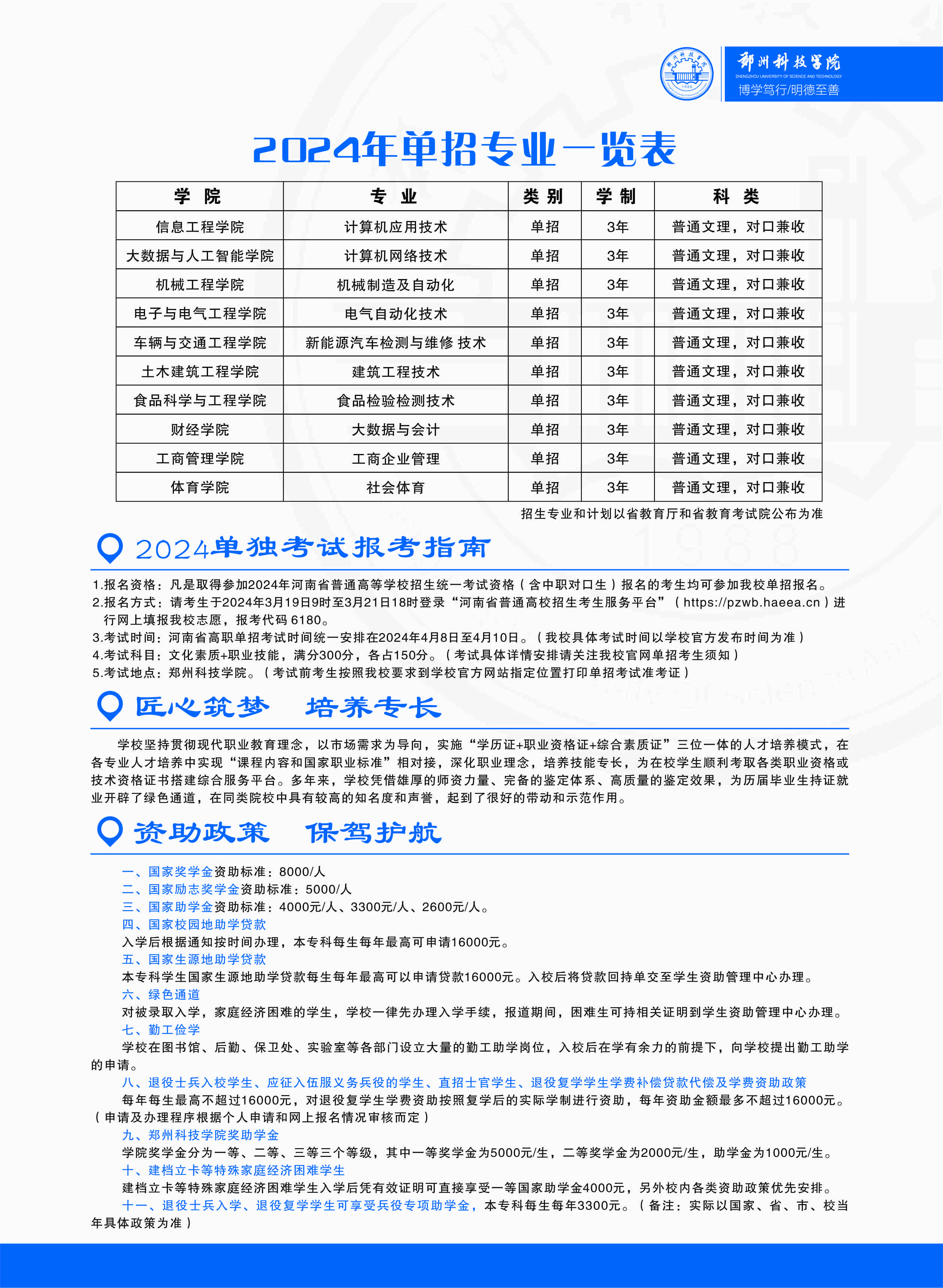 郑州科技学院2024年高职单独招生简章