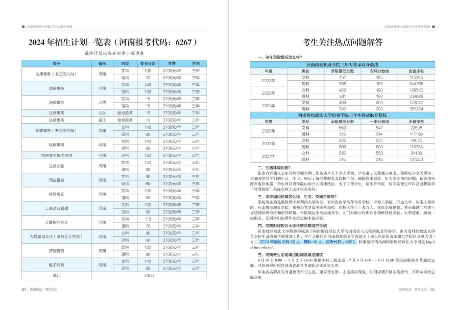 河南检察职业学院－2024年招生计划一览表（河南报考代码：6267）