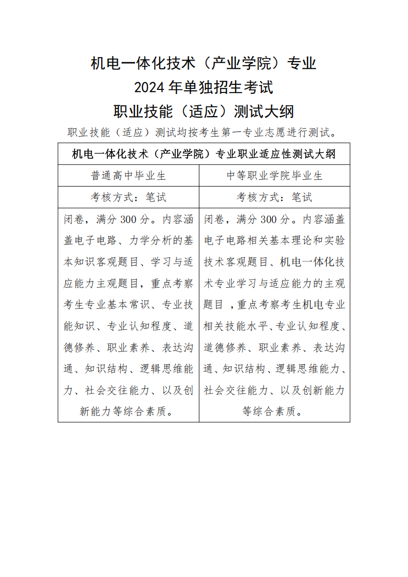 郑州信息科技职业学院－2024年单独招生考试职业技能（适应）测试大纲