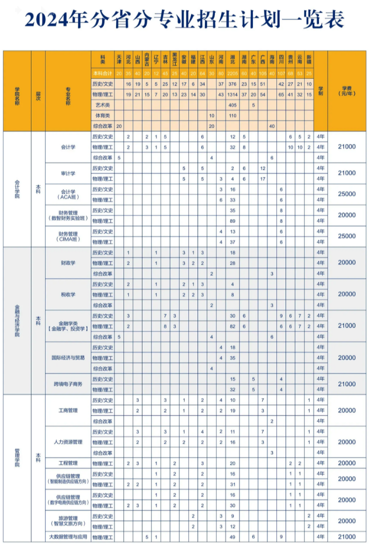 武汉学院－2024年分省分专业招生计划一览表