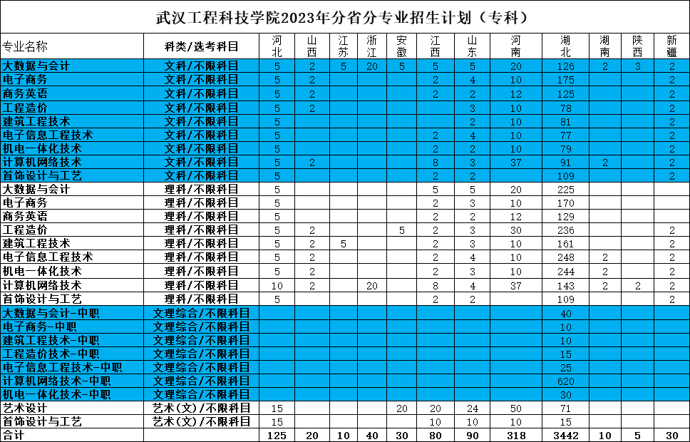 武汉工程科技学院2023年分省分专业招生计划（专科）