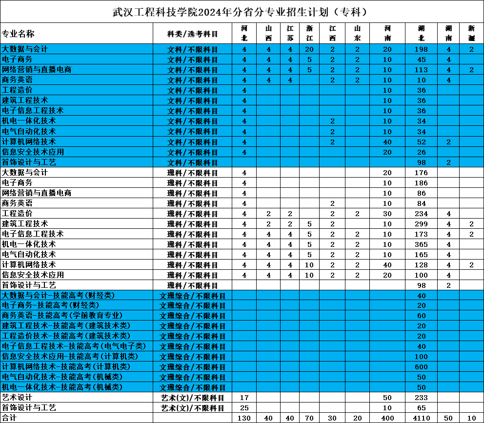 武汉工程科技学院2024年分省分专业招生计划（专科）