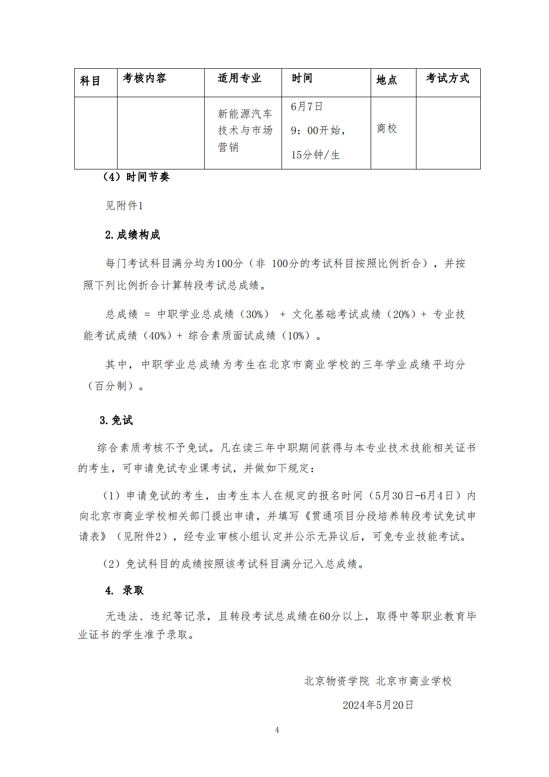 北京物资学院-北京市商业学校2024年贯通中-高转段考试细则