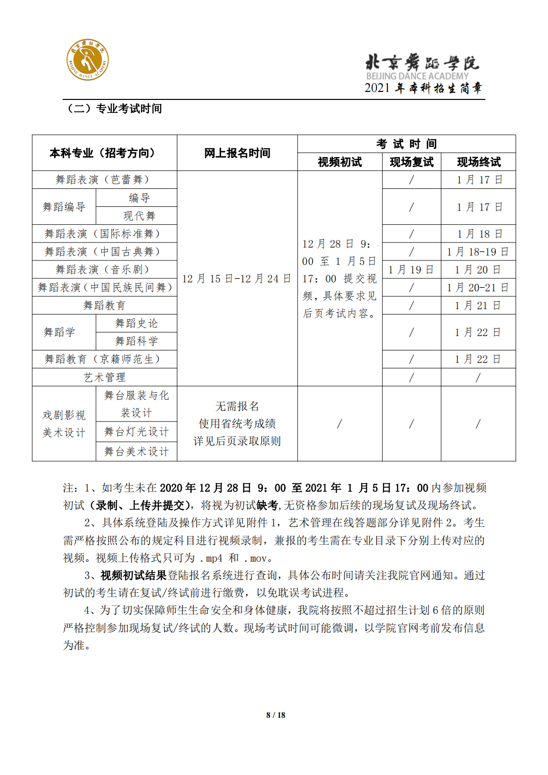 北京舞蹈学院2021年本科招生简章